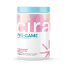 White tub of Cira Nutrition's strawberry margarita Pre-Game pre-workout with a pink label and light blue top