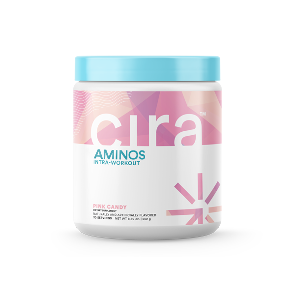 Cira Nutrition Pink Candy Aminos Intra Workout in a white tub with pink label and blue top