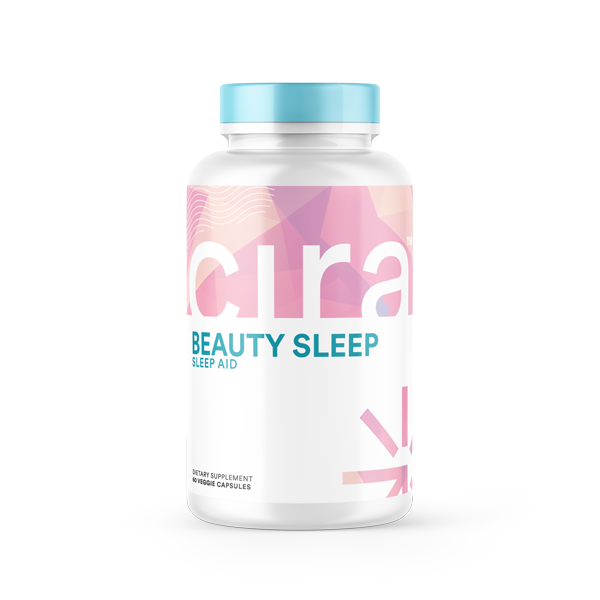 Cira Beauty Sleep, 60 veggie capsule in amount, in a white bottle with pink, orange and purple label and blue top. 