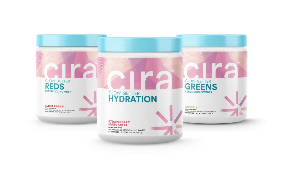 Bundle including Cira Nutrition Glow-Getter Hydration Strawberry Margarita, Cira Nutrition Glow-Getter Greens Superfood Powder Appletini and Cira Nutrition Glow=Getter Reds Superfood Powder Aloha Punch. All products are in a white tube with a pink label and a blue lid