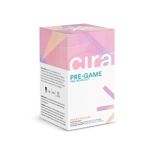 Cira Pre-Game Peach Bellini, 15 stick packs in white and pink box with purple, blue and orange design elements.
