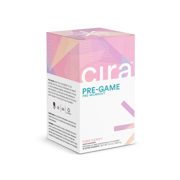 Cira Pre-Game Pink Candy, 15 stick packs in white and pink box with purple, blue and orange design elements.