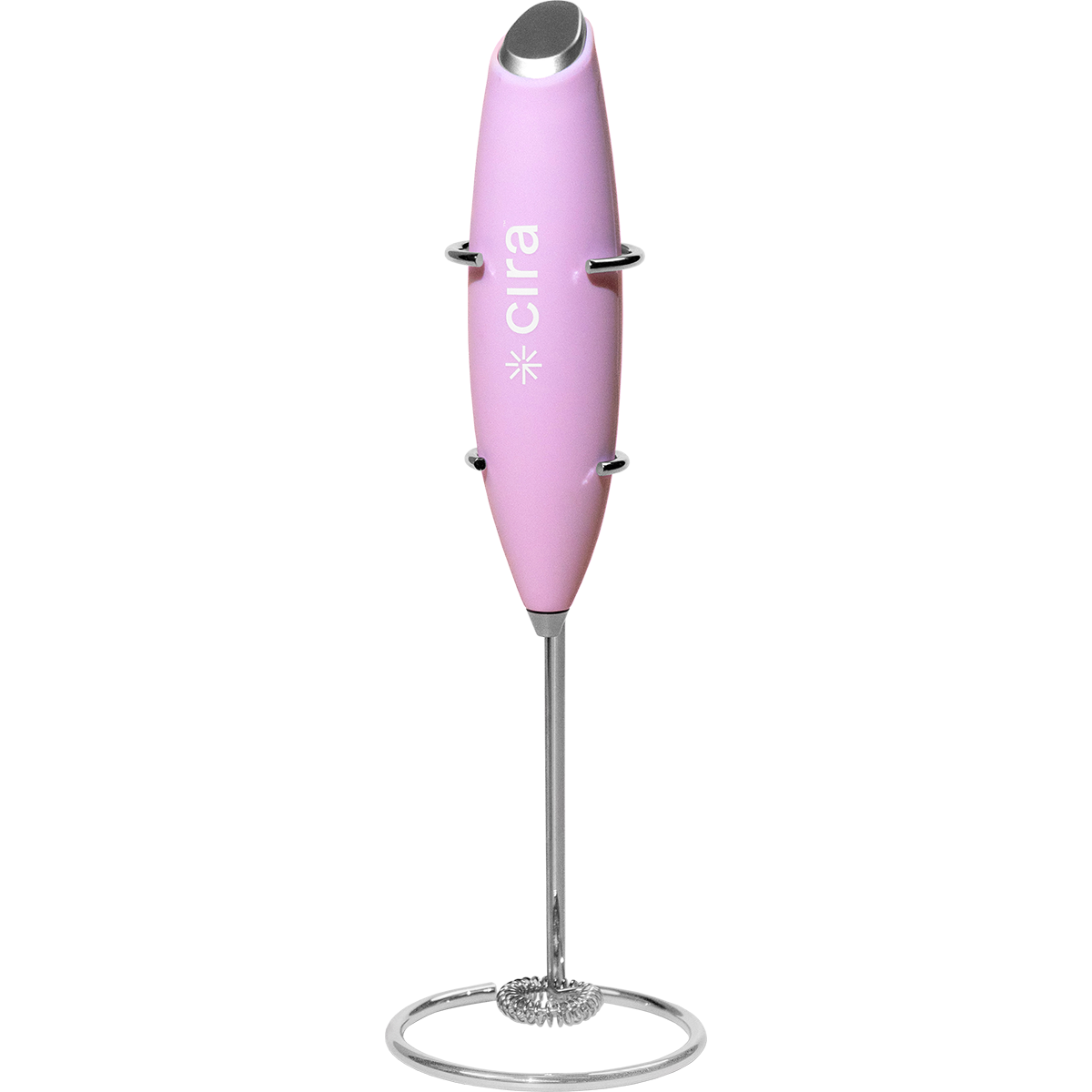 Cira Nutrition Pink Frother with Cira logo. On a metal stand.