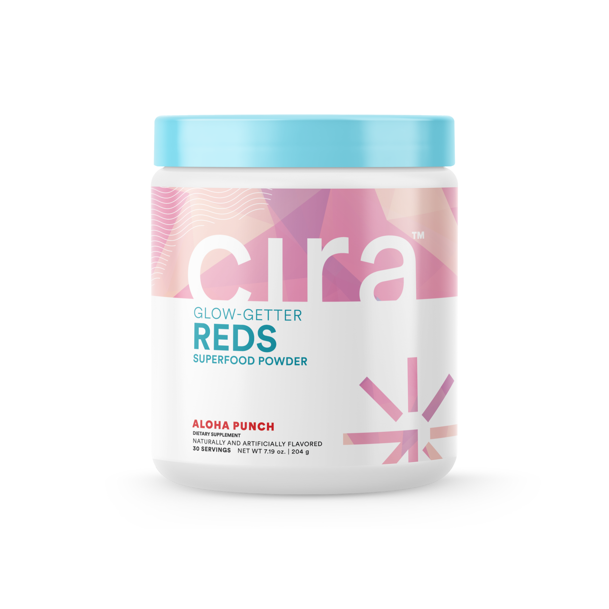 Cira Glow-Getter Reds Superfood Powder Aloha Punch in a white tub with a pink label and a blue lid