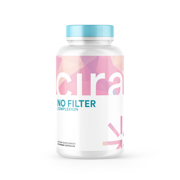 Cira No Filter, 30 servings, in a white bottle with pink, orange and purple label and blue top. 