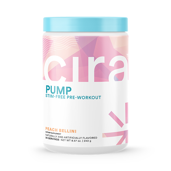 Cira Pump 30 servings, Peach Bellini in a white bottle with pink, orange and purple label and blue top. 
