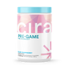 White tub of Cira Nutrition's blue raspberry Pre-Game pre-workout with a pink label and light blue top