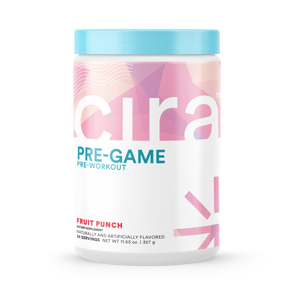 White tub of Cira Nutrition's fruit punch Pre-Game pre-workout with a pink label and light blue top