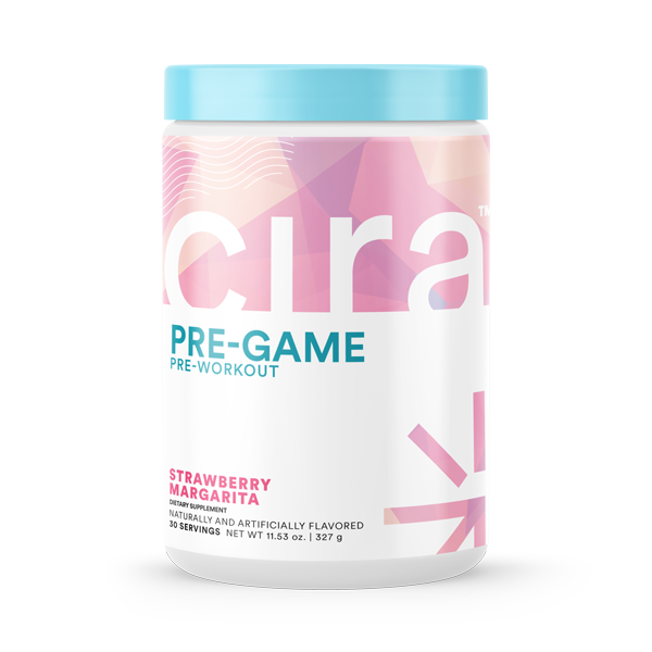 White tub of Cira Nutrition's strawberry margarita Pre-Game pre-workout with a pink label and light blue top