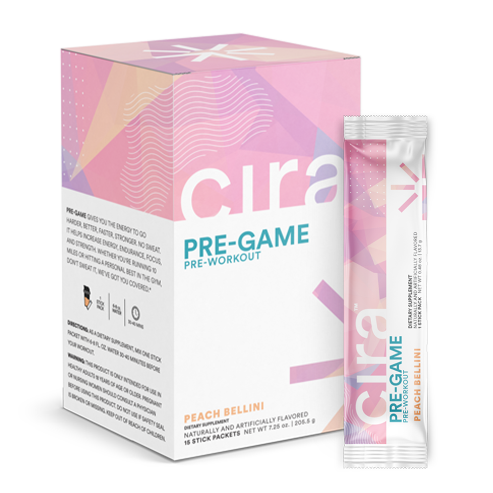 Cira Pre-Game Peach Bellini, one individual stick pack, next to box of 15 stick packs in white and pink box with purple, blue and orange design elements.