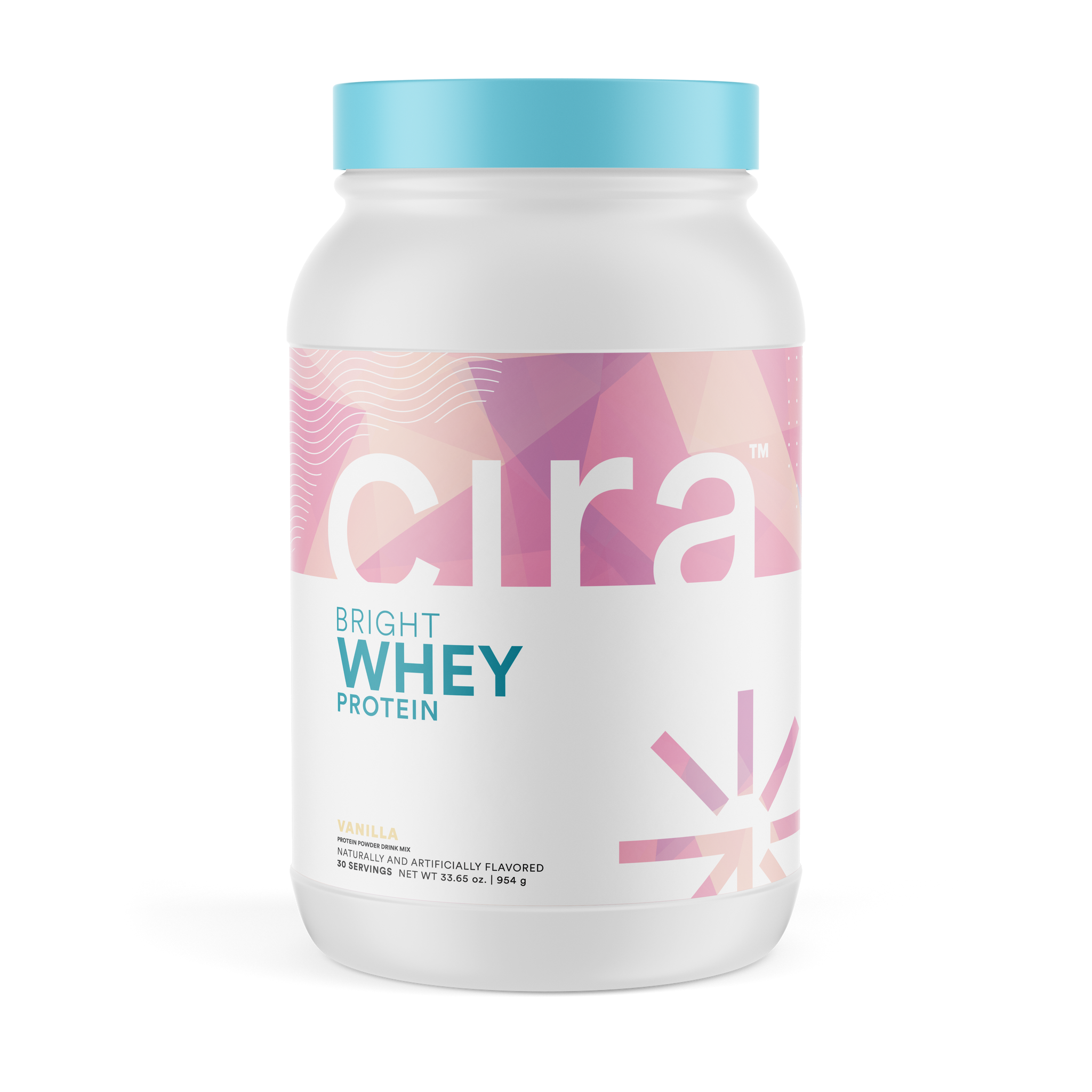 Cira Bright Whey Vanilla Protein, front view of bottle.