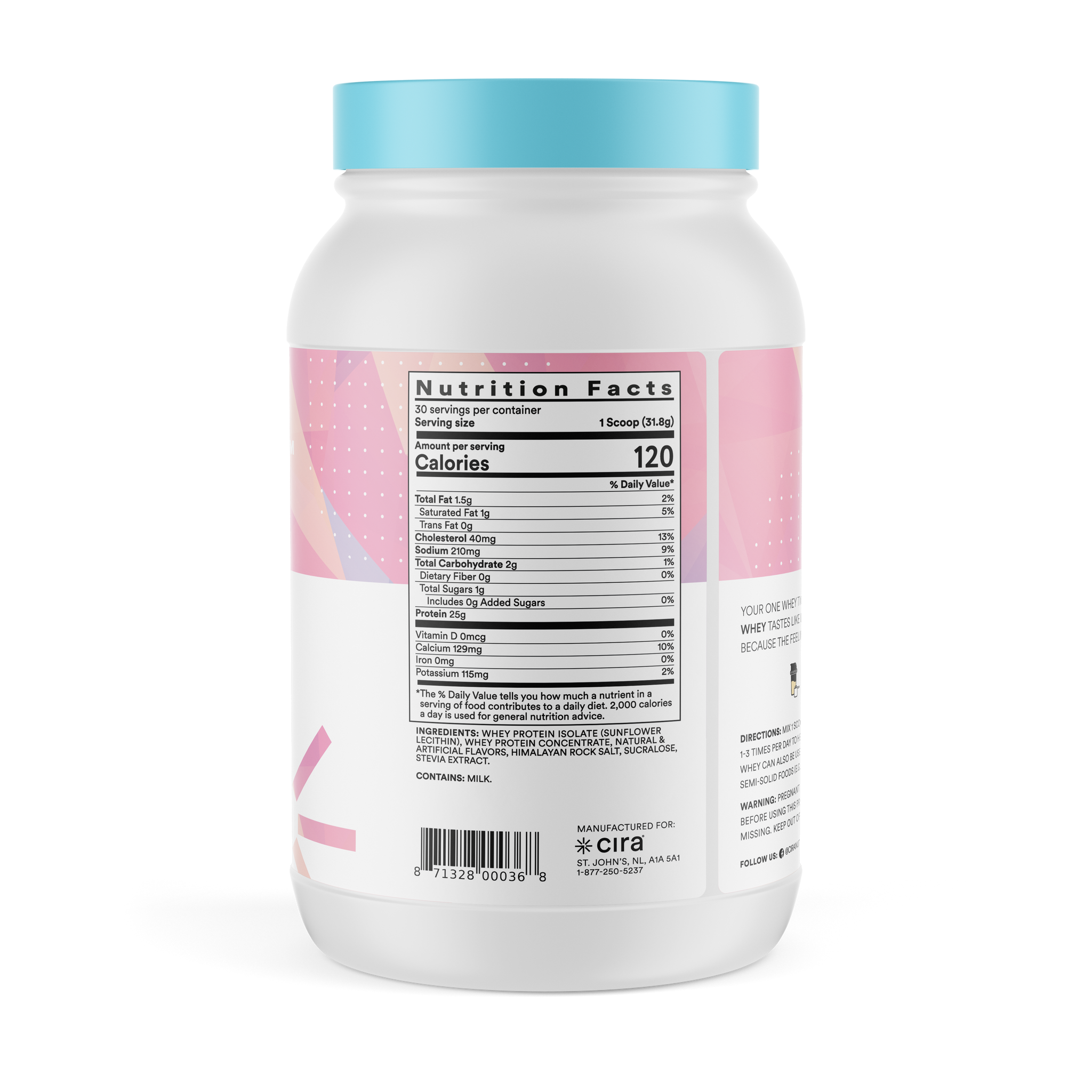 Cira Bright Whey Vanilla, back view of supplement facts.