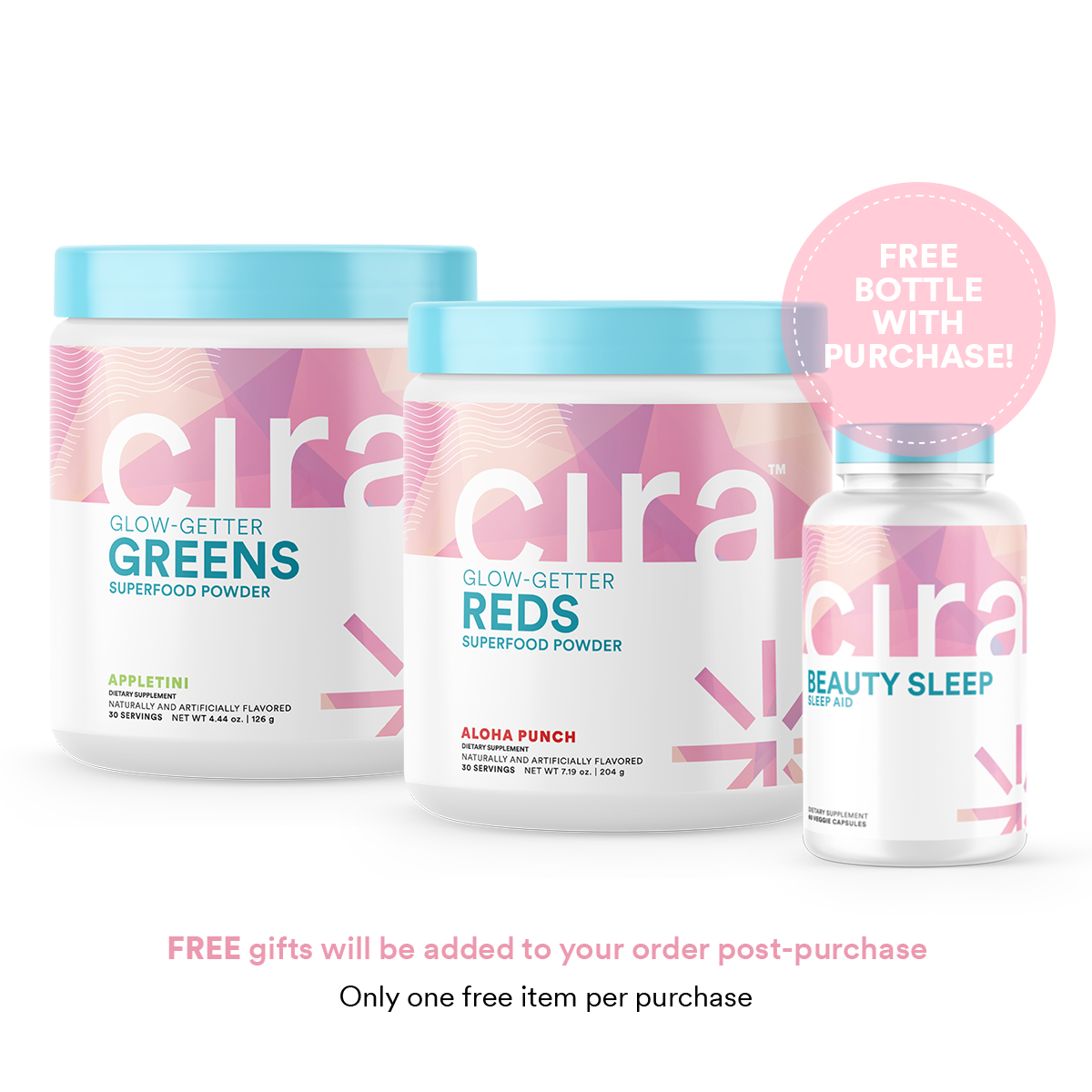 Cira Nutrition's Glow-getter greens and reds with a free beauty sleep bottle